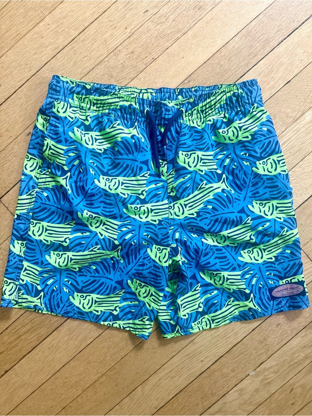 Vineyard Vines Blue & Lime Fish-Print Kids Swim Trunks Size medium 10-12